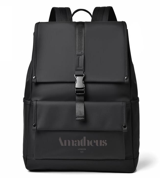 Amatheus MoveFlow black modern backpack with minimalist design and front pocket, perfect for urban commuting and travel.